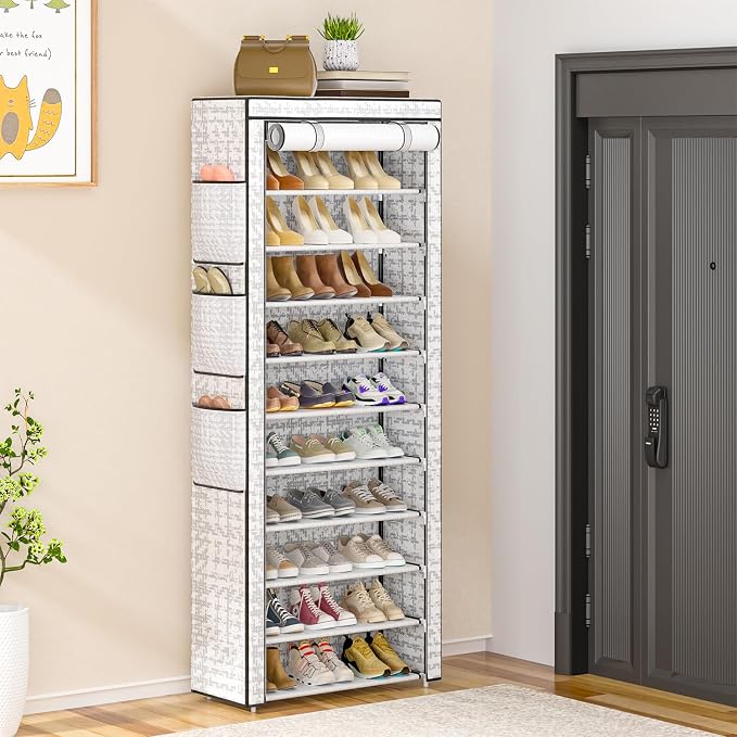 OYREL Shoes Rack 10 Tier Tall Shoe Rack with Storage Pockets, Fabric Covered Shoe Racks,Metal Shoes Rack Organizer for Closets,Bedroom, Garage - Image 2