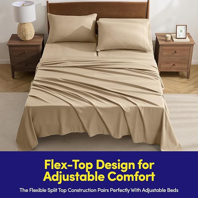 Split Head King Sheets Set for Adjustable Beds 4 Piece Flex Top Bed Sheets – Deep Pocket Split Top Fitted Sheet with Built-in Corner Straps, Luxury Soft Cooling Bedding, Wrinkle Resistant, Beige