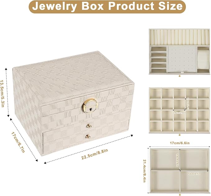 GUOER Jewelry Box for Women Girl Wife - Large PU Leather Jewelry Organizer Storage Case with 3 Layers Display for Earrings Bracelets Rings Watches (Light Khaki) - Image 4