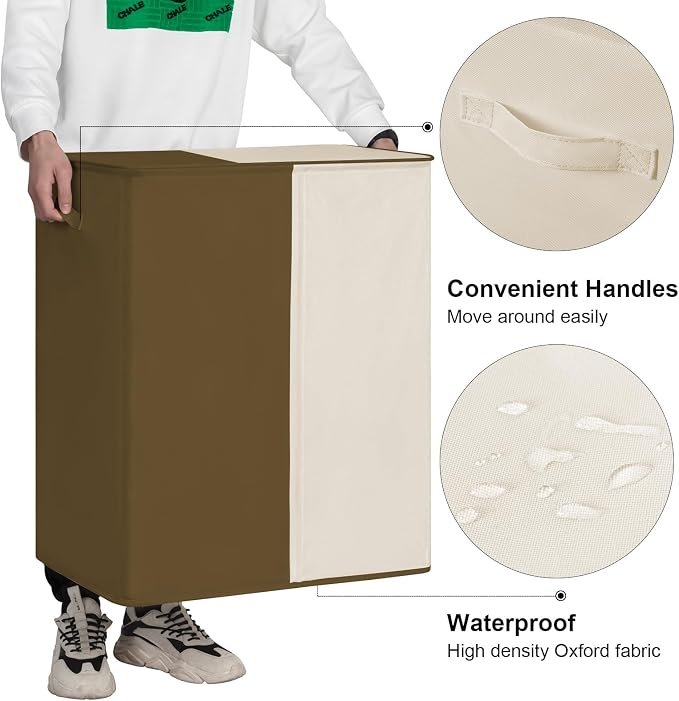 WOWLIVE Double Laundry Baseket with Lid and Removable Laundry Bags,154L Large Laundry Hamper 2 Section Collapsible Dirty Clothes Hamper for Laundry Room,College Dorm,Bathroom,Brown and Beige - Image 6