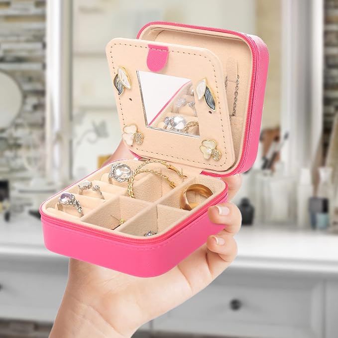 KElofoN Travel jewelry case Travel jewelry box Travel Jewelry Organizer Small Jewelry Organizer Box Gift for Girls Women with Mirror(Rosy) - Image 5