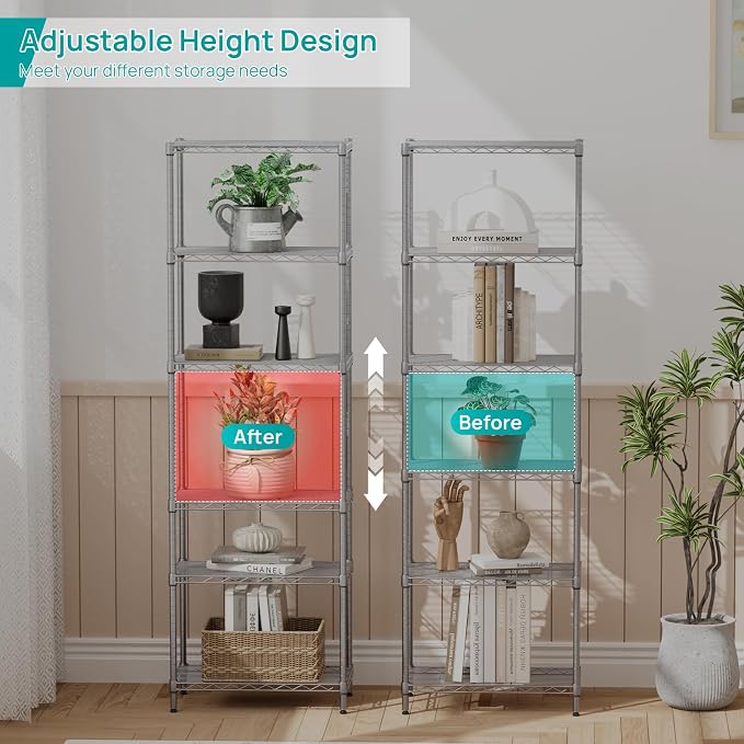 SINGAYE 6 Shelf Wire Shelving Unit Adjustable Metal Shelves Standing Bathroom Organizers and Storage Wire Closet Metal Pantry Kitchen 12" DX22 W 69.5" H Gray - Image 3