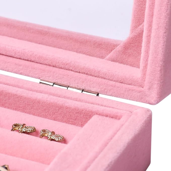 Frebeauty Rings/Earring Organizer Tray with Clear Lid,7 Slots Ring Box Velvet Ring Holder Drawer Insert Jewelry Storage Box Jewelry Display Case Jewelry Box Gift for Women and Girls(Pink,7 Slots) - Image 6