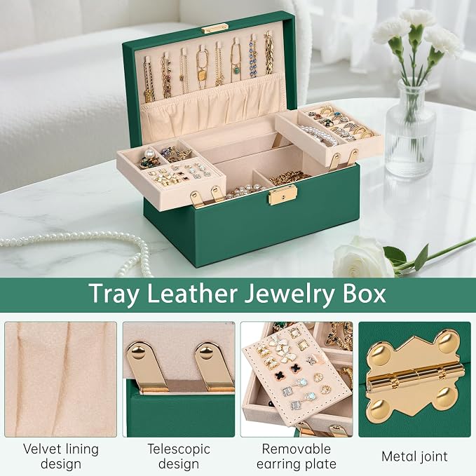 AKOZLIN Travel Jewelry Box Organizer Functional 2-trays Leather Jewelry Storage Case with Lockable Portable for Women Girls Ring Necklace Earring Bracelet - Image 3