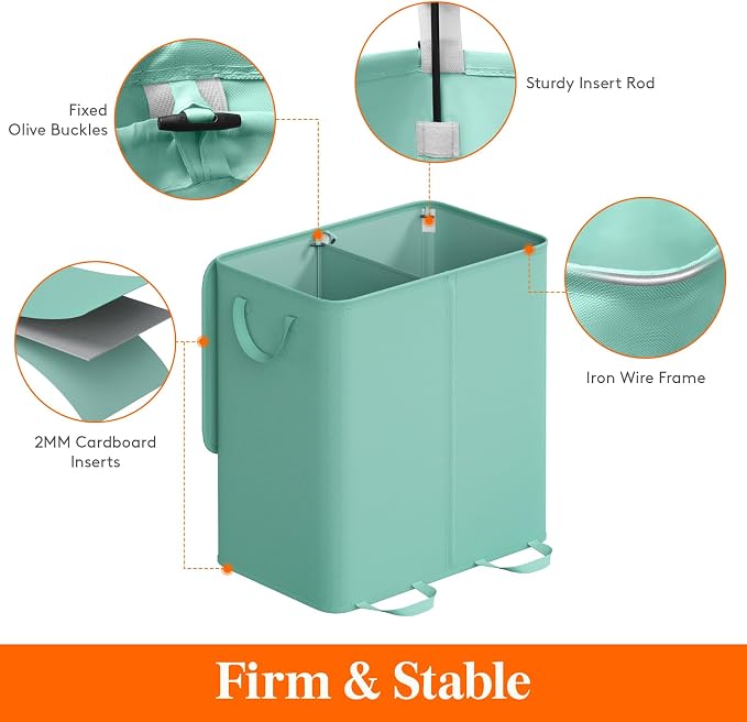 Lifewit Double Laundry Hamper with Lid and Removable Laundry Bags, Large Collapsible 2 Dividers Dirty Clothes Basket with Handles for Bedroom Laundry Room Closet Bathroom College, 136L Sage Green - Image 2