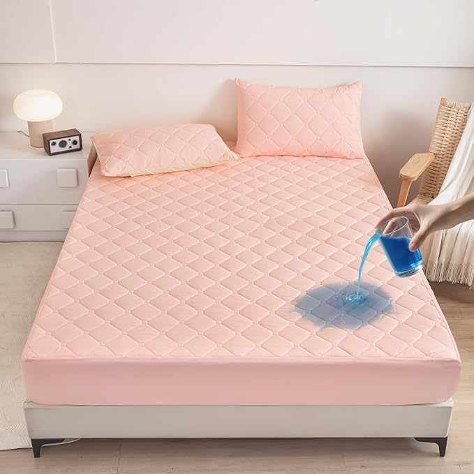 Twin Mattress Protector Waterproof, 18” Deep Pocket Fitted Mattress Topper+2pcs Pillow Cases - Leakproof, Oeko-TEX Certified, Breathable & Noiseless,Machine Washable (Pink)