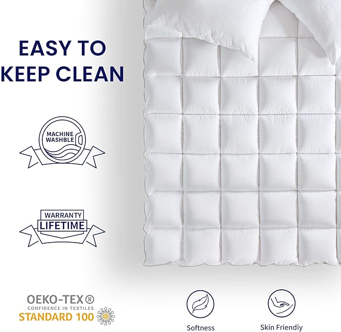 SLEEP ZONE Queen Cotton Mattress Topper, Ultra Fluffy Soft Mattress Pad Pillowtop Cooling Mattress Cover Fits 8-21 inch Deep Pocket, White