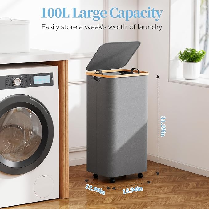 Yecaye 100L Large Capacity Laundry Hamper – Foldable Rolling Laundry Basket, Mobile Clothes Hamper with Wheels, Removable Inner Bag, Bamboo Handle Lid Laundry Bin – Multi-Use Storage,Grey - Image 2