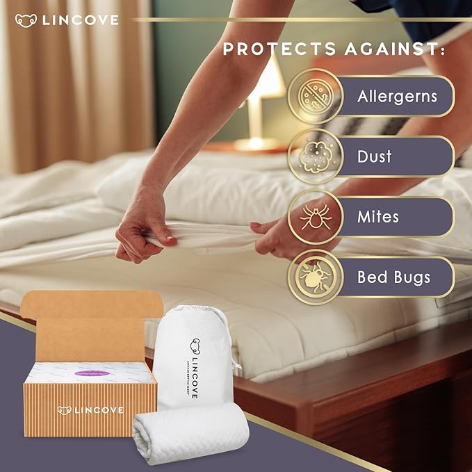 Lincove Quilted Fitted Mattress Protector, King – Elastic Mattress Protector – Bed Topper Covers Up to 16 Inches Deep, 100% Cotton, Breathable Braided Texture, Machine Washable & Dryer Safe