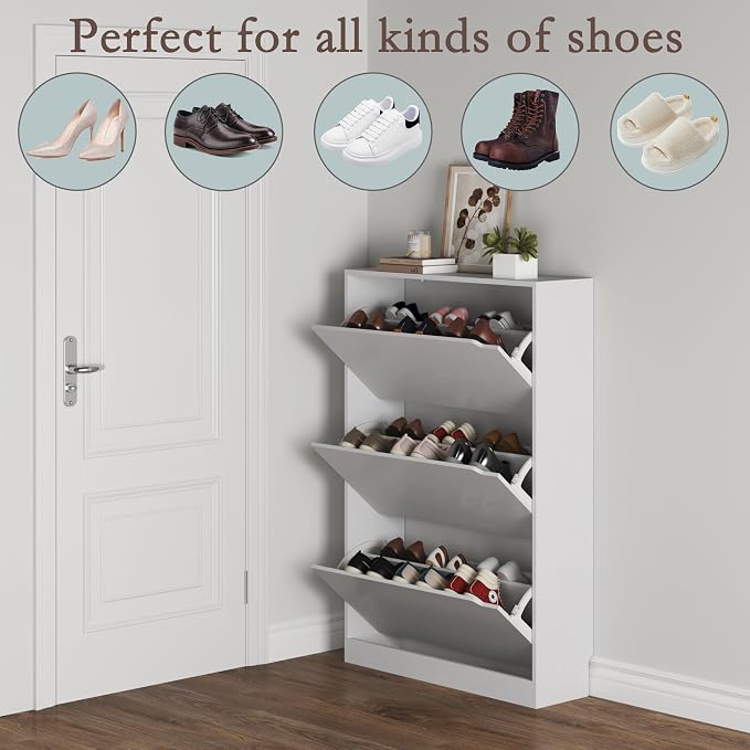BORNOON Shoe Cabinet with 3 Flip Drawers, Hidden Wood Shoe Cabinet,Freestanding Shoe Storage Cabinet for Entryway Hallway.White. 47.2" H*31.5" W*9.45" D. - Image 4