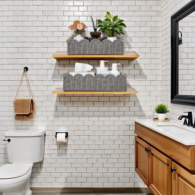 CubesLand Toilet Paper Storage Basket, Scalloped Edge Shelves Basket for Organizing for Over Toilet Tank Storage, Home Decor Baskets for Shelf, Countertop, Living Room, Bedroom, Handwoven, Grey - Image 2
