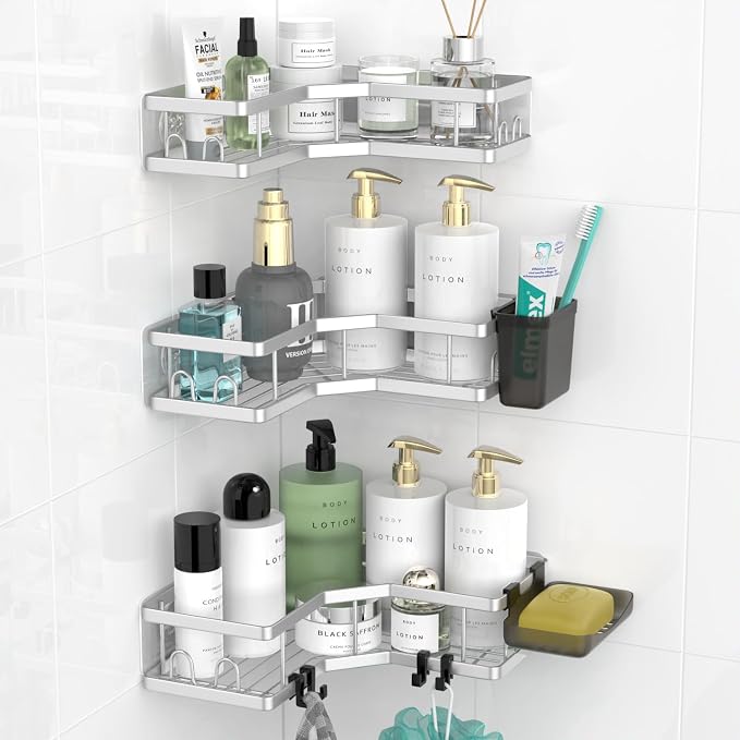AKTECKE Corner Shower Caddy Bathroom Organizer: Adhesive Shower Rack Bathtub Shelves - 3Pack No Drilling Shower Shelf For Inside Shower - Stainless Steel Rustproof Bathroom Stuff - Image 3