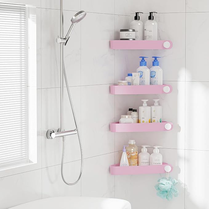 Sotfamily Plastic Shower Caddy Corner (For 90° Only), 4 Pack Adhesive Corner Shower Shelves for Bathroom Organizers and Storage, Pink - Image 3