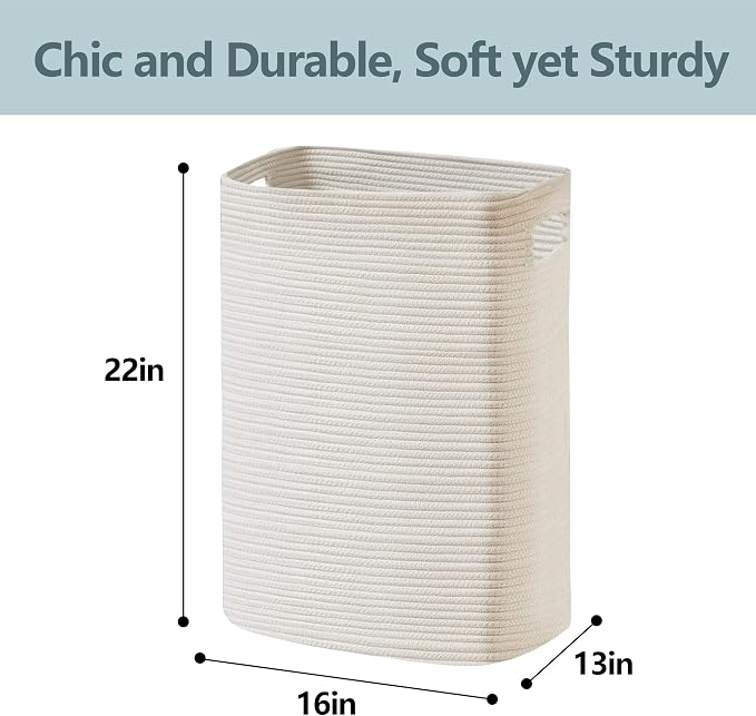 MEGASKET Large Laundry Hamper 16"x13"x22" - Tall Woven Laundry Basket, Cotton Rope Dirty Clothes Hamper, Baby Kids Nursery Wicker Laundry Basket, Bedroom Aesthetic, Soft Laundry Bin, White Hamper, 75L - Image 3