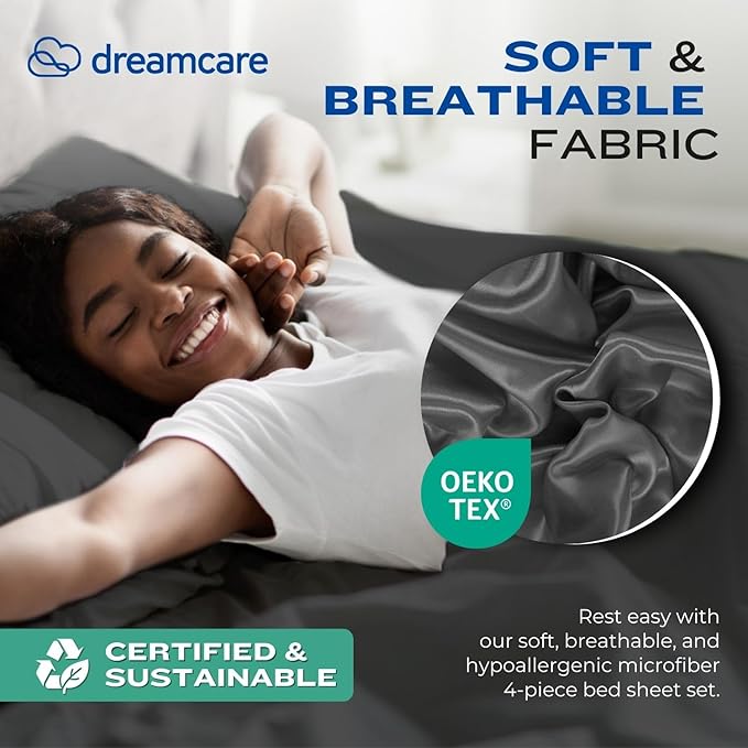 DREAMCARE Twin XL Sheet Sets - 4 pcs Breathable Cooling Bed Sheets - up to 15" Deep Pocket Twin XL Sheets Set with Side Pockets - Extra Soft 100% Brushed Hypoallergenic Hotel Luxury Bedding - Gray