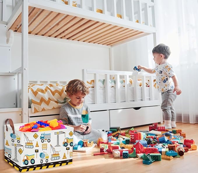 Kids Baskets Car Basket Boys Storage Bins Rectangular Book Basket Storage Bin Organizer Book Shelf Box Room Decor(Engineering vehicle) - Image 2