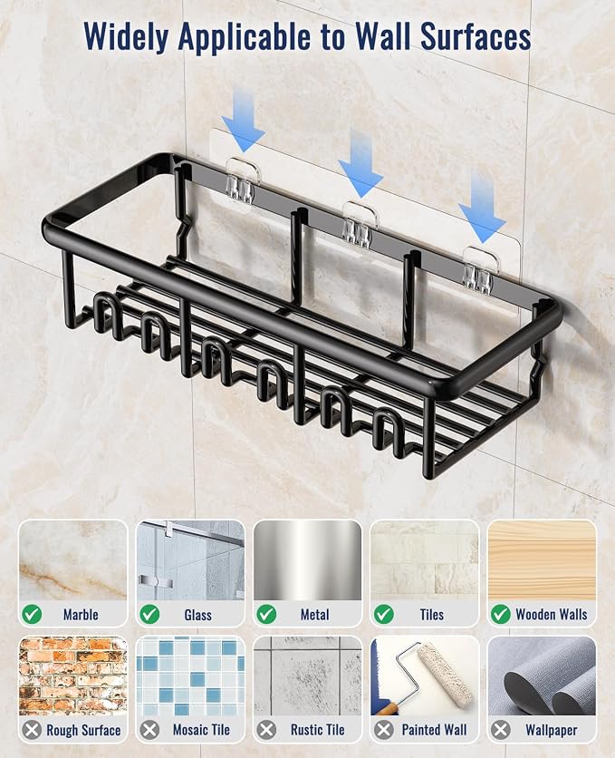 8 Pack Adhesive Rustproof Shower Shelves with Soap Dishes, Toothbrush Holder & Hooks, Large Capacity No-Drilling Shower Shelves Rack for Bathroom Organizers and Storage Accessories, Black - Image 7