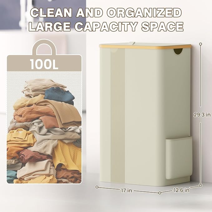BlissTotes Laundry Basket with Lid, 100L Clothes Laundry Hamper with Handles and Removable Laundry Bag, Breathable Design Hamper with Lid for Bedroom, Bathroom, Dorm, Laundry Room - Beige - Image 3