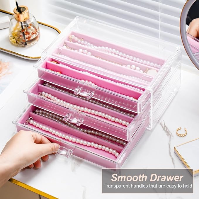 YUFONG Necklace Holder Organizer, Dustproof Necklace Box Velvet Necklace Organizer Box with Lid Clear Acrylic Dustproof Stackable Jewelry Displays for Necklaces Chain Display (Pink, 3 Drawer) - Image 4