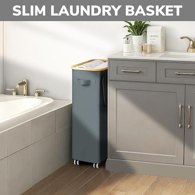 Goodpick Slim Laundry Basket with Wheels and Lid, 75L Rolling Dirty Clothes Hamper for Dorm Bathroom, Large Laundry Hamper with Bamboo Frame Removable Bag, 17" x 9.8" x 29.5", Gray - Image 6
