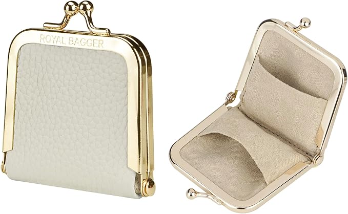 Royal Bagger Genuine Cow Leather Ultra-Slim Mini Jewelry Box, Ring & Necklace Storage, Slim Coin Purse with Kiss Lock for Women 3120 (White) by ROYALBAGGER