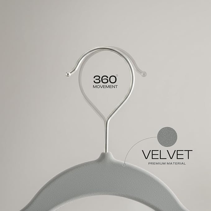 Utopia Home Velvet Hangers 50 Pack – Luxury Non-Slip Slim Pant & Coat Hangers, Strong Space-Saving Clothes Hangers with Pants Bar and 360° Swivel Hook – Grey - Image 5