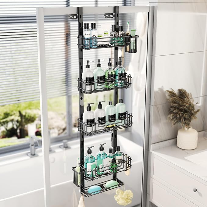 HapiRm 5 Tier Over the Door Shower Caddy, Hanging Shower Caddy with 28 Hooks and 2 Toothbrush Holders, No Drilling Adjustable Hanging Bathroom Organizer - Black - Image 8