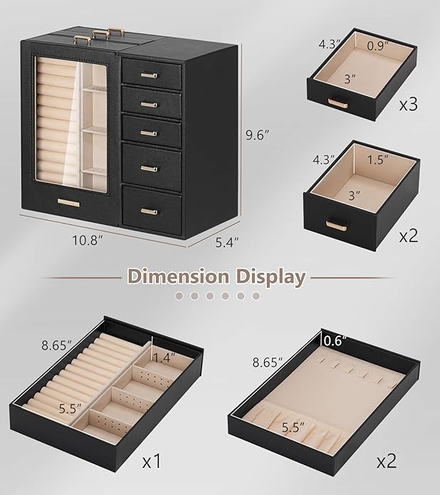 Homde Large Jewelry Box/Organizer/Case with Glass Window, Drawers for Necklaces Earrings Rings Bracelets Watches Gift for Women Girls - Image 6