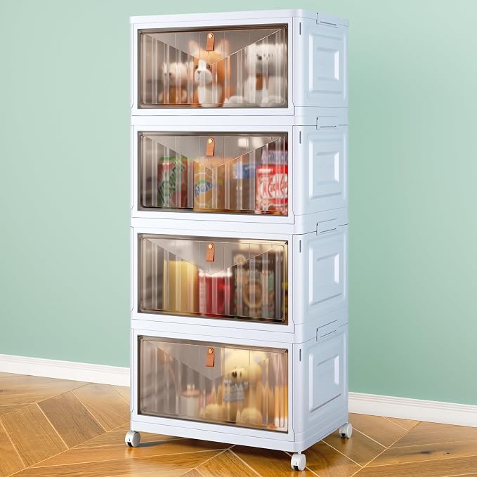 4 Tier Stackable Plastic Storage Bins with Lid and Wheels - 23 QT Closet Organizers and Storage, Foldable Storage Containers, Organization and Storage Boxes for Craft, Home, Pantry, Dorm, Grey by WiseOannes