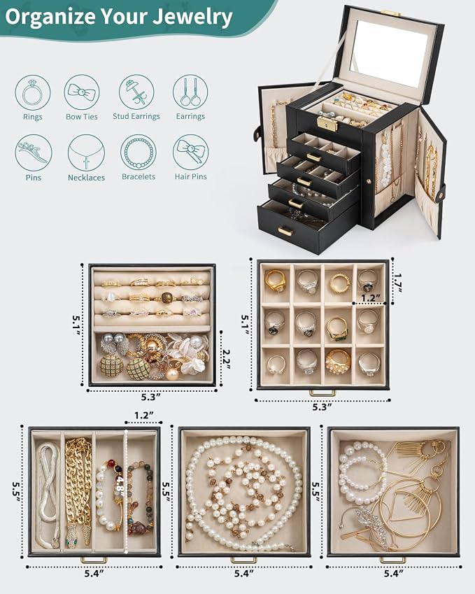 AKOZLIN 5-Tier Jewelry Box Leather Jewelry Storage Organizer with 4 Drawers Lockable for Women Girls Ring Necklace Earring Bracelet Watches Holder with Mirror Black - Image 3