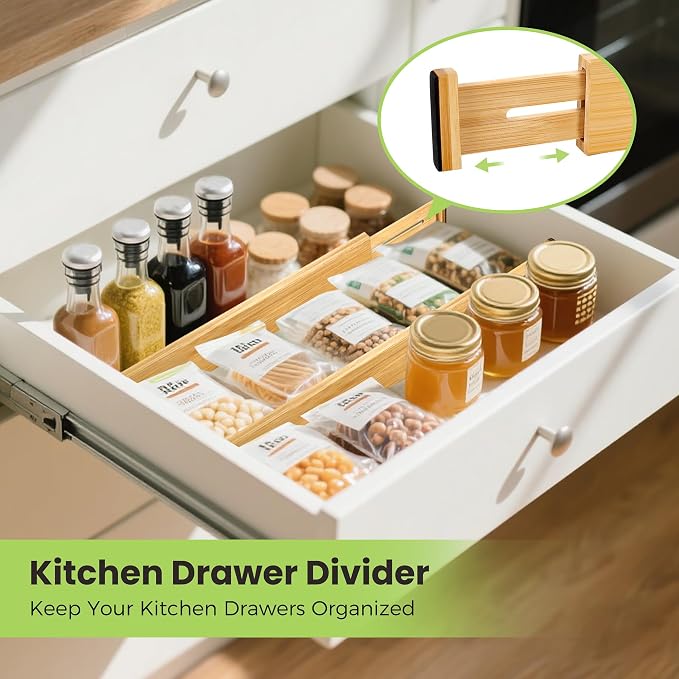 Fyvva Drawer Divider, Adjustable Bamboo Kitchen Drawer Organizer, Spring Loaded Drawer Organizer, Dresser Separators for Kitchen, Bathroom, Clothes, Office Desk Storage (Natural, 8 Pack Large) - Image 4