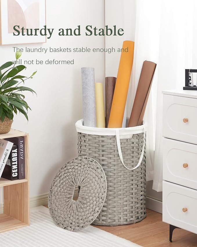 SETVSON Laundry Basket with Lid Round Rattan Laundry Hamper with Lid and Handles 29.1 Gal (110 L) Handwoven Woven Basket with Removable Bags and 2 Mesh Bags for Bathroom Living Room Gray - Image 6