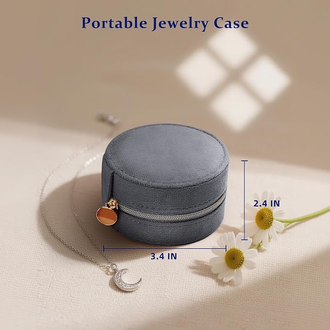 CONBOLA Travel Jewelry Case Small Jewelry Box for Women Girls,Round Velvet Mini Jewelry Travel Organizer,Portable Jewelry Box for Rings Earrings Necklaces Bracelets.(Grey,Small) - Image 5
