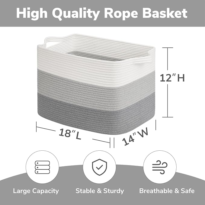 Goodpick Large Woven Basket, Rectangle Rope Storage Baskets for Organizing, Blanket Basket with Handles for Living Room, Nursery, Gradient Gray, 18 x 14 x 12 Inches - Image 3