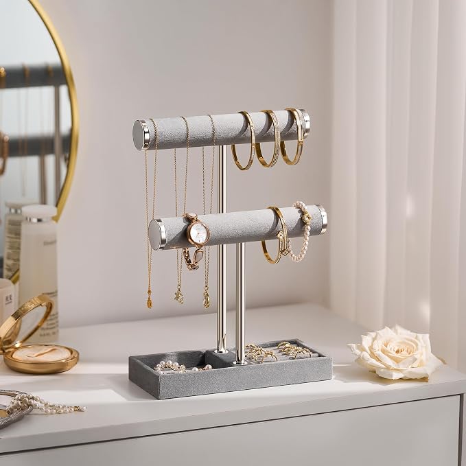 bussdis 2 Tier Bracelet Holder Display - Detachable T Bar Grey Velvet Bracelet Holder, Jewelry Holder Organizer for Bracelet, Necklace, Earrings, Rings - Image 5