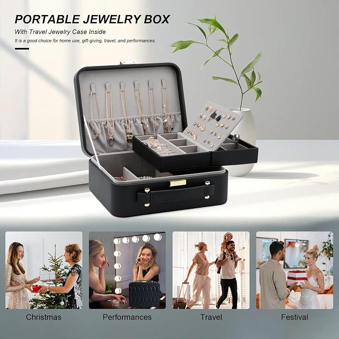 Travel Jewelry Box Jewelry Storage Case Jewelry Suitcase for Women and Men 2 Layer Jewelry Organizer Box with Removable Tray (Black) - Image 5