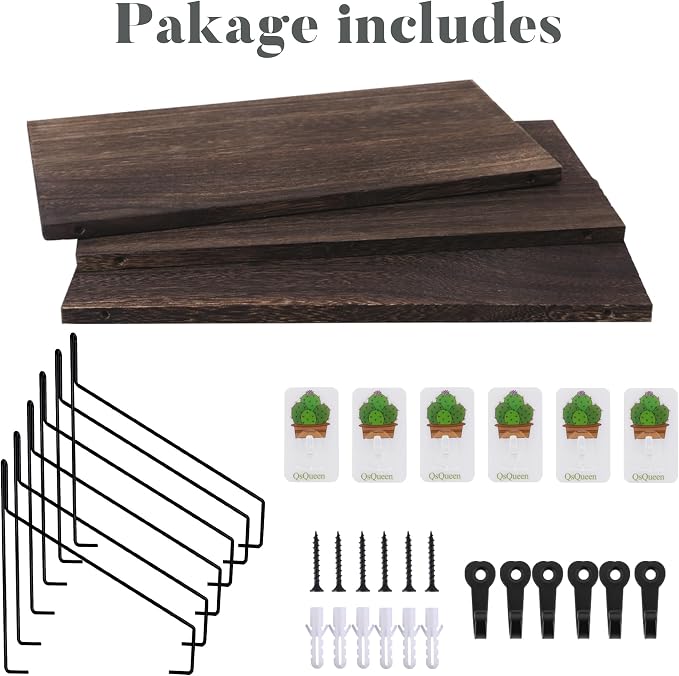 QsQueen Elevate Your Space with Rustic Wood Floating Shelves Set of 3- Perfect for Bedroom, Living Room, Bathroom, and Kitchen Decor - Easy Installation, No Drilling Needed! Brown - Image 7