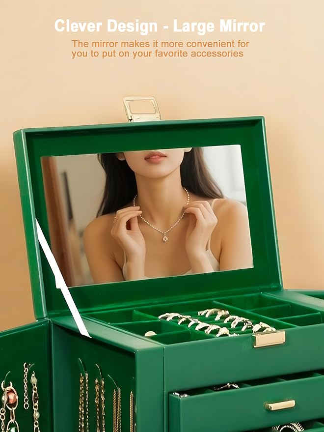 BOOVO Jewelry Box For women, 6 Layer Large Jewelry Organizer With Mirror, Multi-Function Storage Box With Lock, Necklace Holder With 5 Drawers, For Earrings Necklace Bracelet (Green and Gold) - Image 6