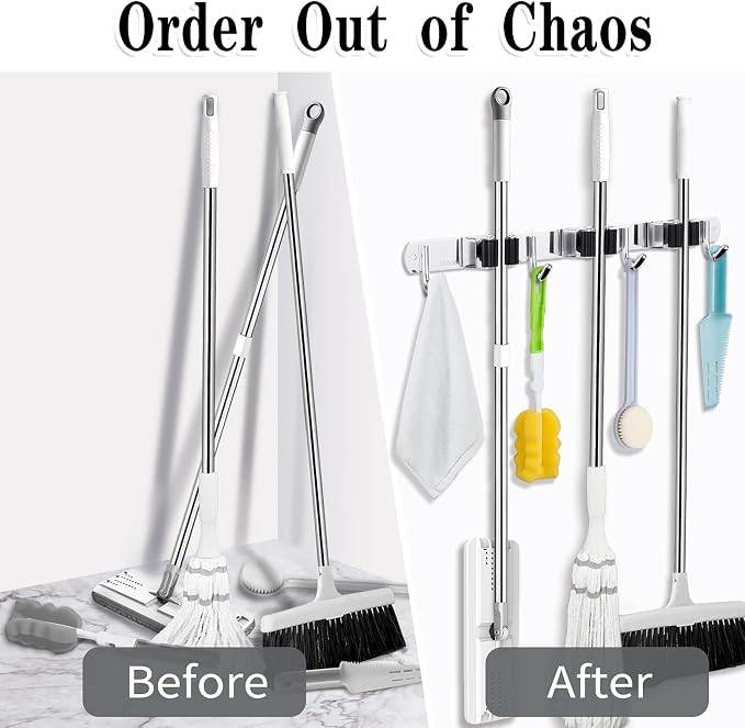 3 Racks and 4 Hooks Broom and Mop Holder Wall Mounted Garage Organizer Storage Tool Racks Stainless Steel Heavy Duty Hooks Self Adhesive Solid Non-slip Wall Hangers for Home Kitchen Garden Laundry - Image 6