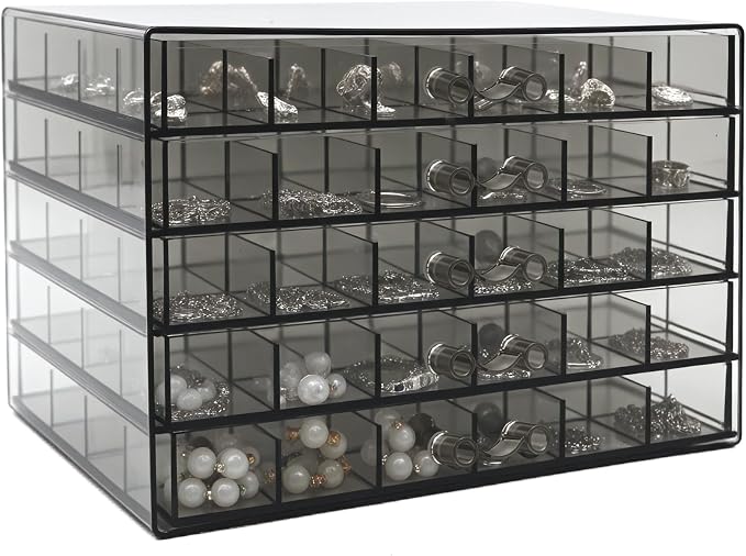 Clear Grey Acrylic Jewelry Storage Box, Earring Jewelry Organizer with 5 Drawers, 5-Layer Jewelry Box for Women, Earring Display Holder for Earrings Ring Bracelet Necklace, 120 Grid Storage Box - Image 4