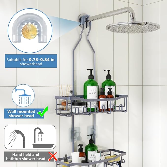 Shower Caddy, Upgraded Extended Length Shower Caddy Over Showerhead No Blocking to Showerhead, Rustproof Bathroom Organizers and Storage with Hooks Shampoo Soap Holder, Large Hanging Caddy - Image 4
