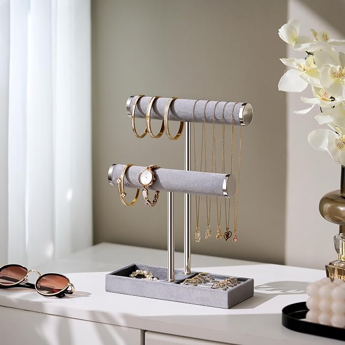 bussdis 2 Tier Bracelet Holder Display - Detachable T Bar Grey Velvet Bracelet Holder, Jewelry Holder Organizer for Bracelet, Necklace, Earrings, Rings - Image 6