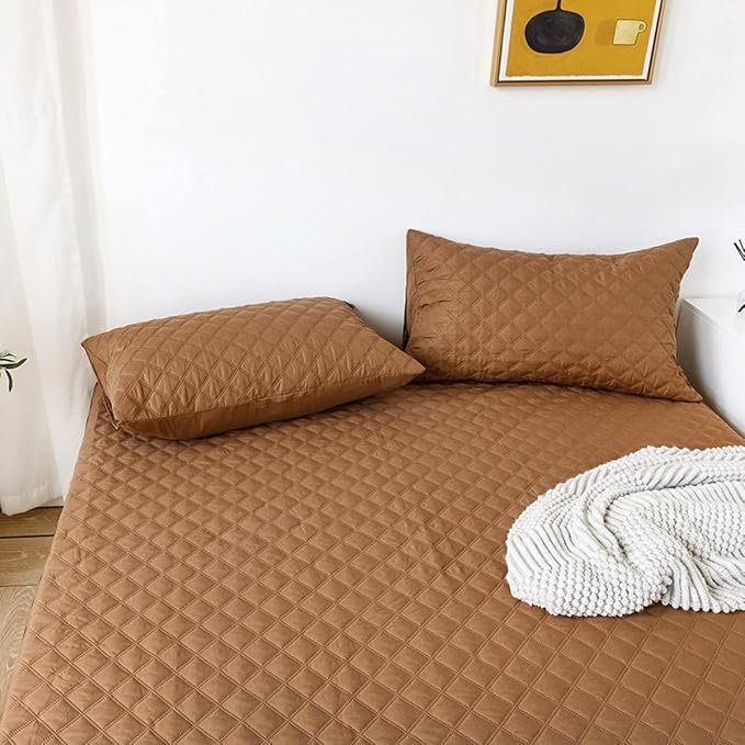 jejeloiu Brown Quilted Mattress Pad, 100% Waterproof Breathable Twin Bedding Fitted Sheet Mattress Protector 14" Deep Pocket Cotton Snow Down Alternative Filling Mattress Cover (Twin,Brown)