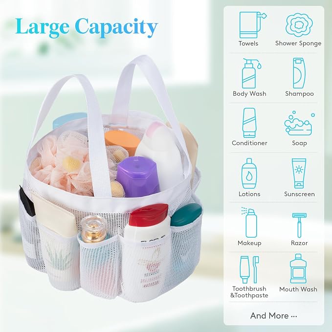 Lifewit Mesh Shower Caddy Portable for College Dorm Room Essentials with 7 Pockets, Freestanding Hanging Organizer Basket, Quick Dry Tote Bag for Camping, Bathroom, Beach, Travel, 1 Pack, White - Image 4