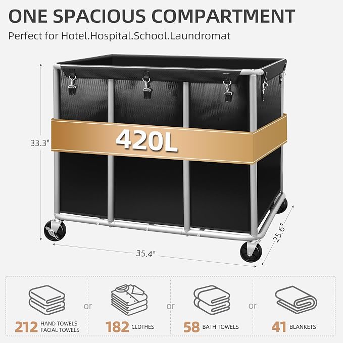 STORAGE MANIAC Commercial Laundry Cart with Wheels 420L Sturdy Steel Frame Heavy Duty Rolling Laundry Hamper on Wheels Big Laundry Basket with Removable Waterproof Liner Bag, 400 lbs Load, Black - Image 3