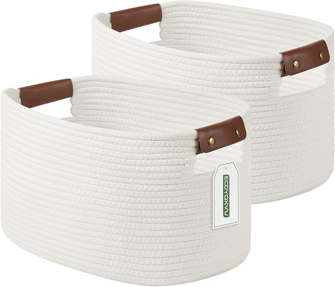ECDYQXVU Cotton Rope Basket, Storage Baskets with Handle, 15x10x9 Inch Woven Basket for Shelves, Laundry, Towels, Clothes, Books (White 2Pack) by ECDYQXVU