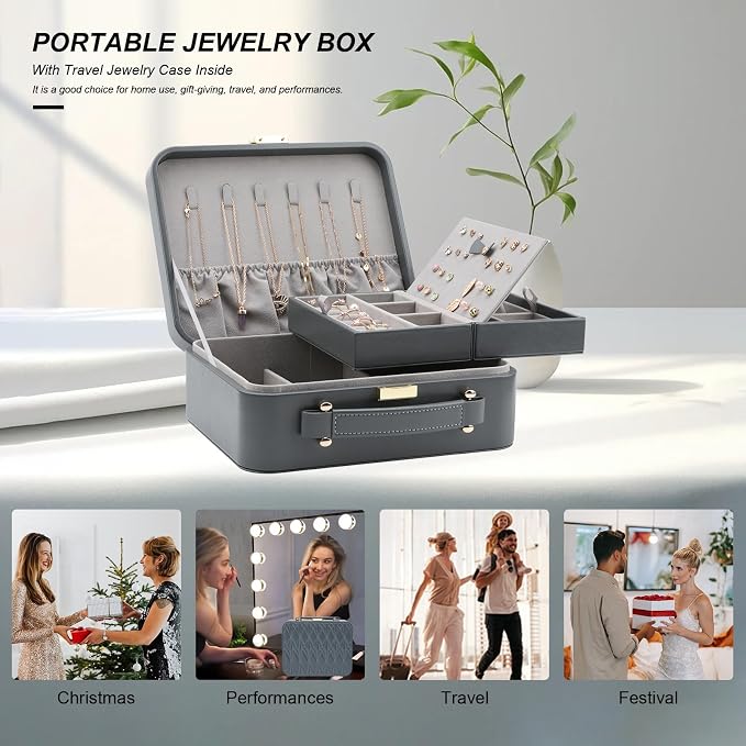 Travel Jewelry Case Large Jewelry Box Jewelry Travel Organizer Jewelry Case with Handle Removable Tray Best Gift for Women Girls (Grey) - Image 5