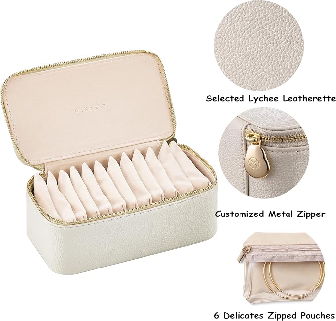 VLANDO Travel Jewelry Box Organizer – Portable PU Leather Jewelry Case with 6/8/12 Zippered Pouches, Compact Storage for Earrings Rings Necklaces Bracelets, Offwhite - Image 6