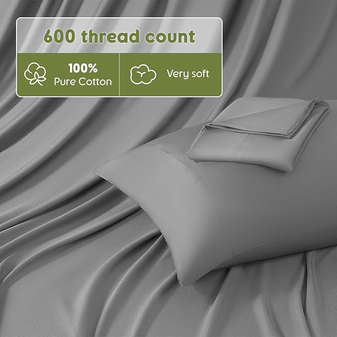 SONORO KATE 100% Egyptian Cotton Sheets Queen Size - 600 Thread Count, Luxury Hotel Sateen Weave Bedding Set, Soft Breathable Sheet Sets, 16" Deep Pocket - 4 PC(Grey,Queen)