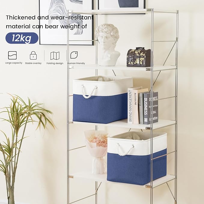 Large Storage Baskets- 16x12x12 inch Storage Bins for Shelves and Closet Organizing, Foldable Fabric Bin for Home Organization Clothes and Laundry (1-Pack, White&Blue) - Image 3